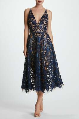 Dress The Population Blair Lace Midi Dress - NAVY/NUDE - Size XS