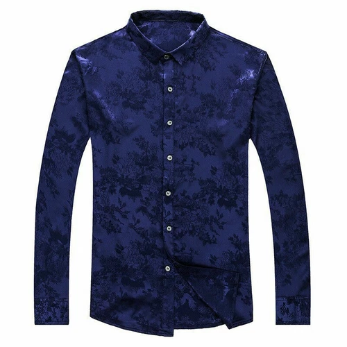 Men Silk Satin Flower Dress Shirt Fit Business Formal Long Sleeve Loose Top New - Picture 7 of 17