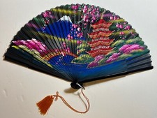 VTG Japan Silk Fan Hand Painted Lacquer Wood Wall Decor Mt Fuji 17  X 10  .