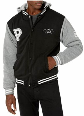 Polar Club Mens' Fleece Varsity Jacket Black/Grey 2-Tone, XL, Removable Hood
