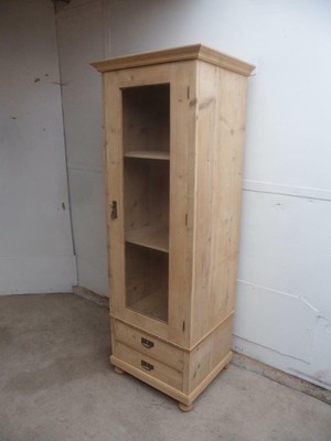 A Slim Tall Antique Old Pine Display Cabinet Kitchen Dresser To