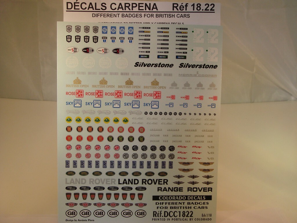 Decals 1/18 logos badges voitures anglaises Colorado 1822 UV pour maquette auto