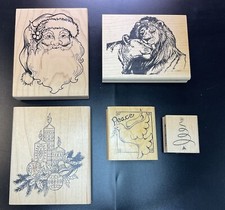 Wood Mounted Rubber Stamps Christmas Santa Dove Animals Xmas-Tree Swirl Lot Of 5