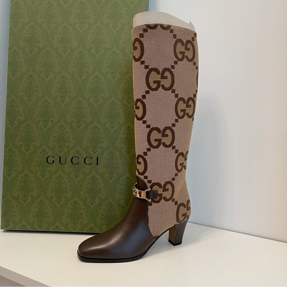 GUCCIMonogram Jumbo GG Calfskin Interlocking G Anna Boots Camel