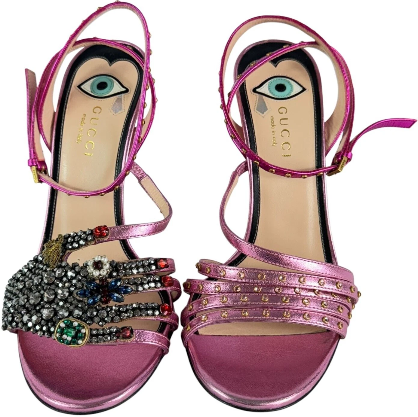 Sandales à main GUCCI rose métallisé cuir orné de cristal Wangy 36,5   6,5