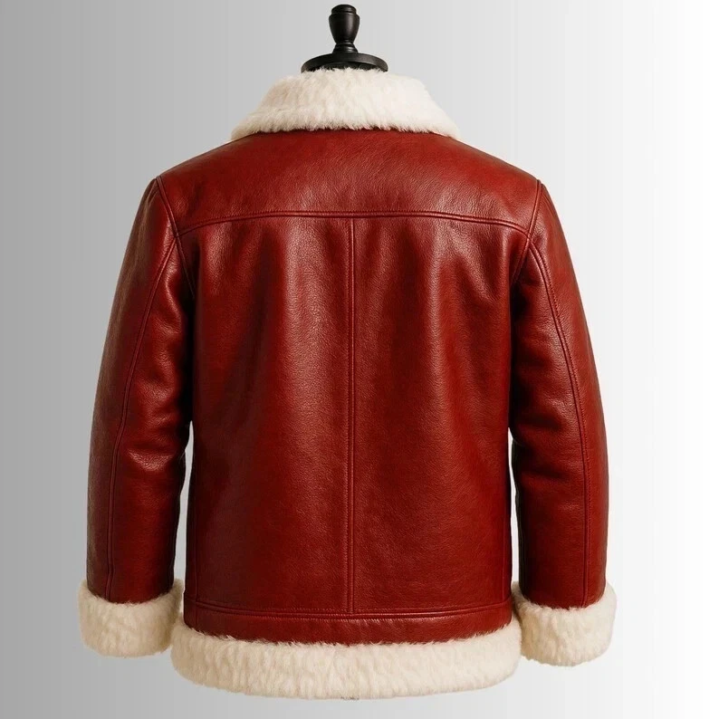 Men’s Santa Claus Red Real Leather Christmas Shearling Style Bomber Fur Jacket - Image 2 of 4