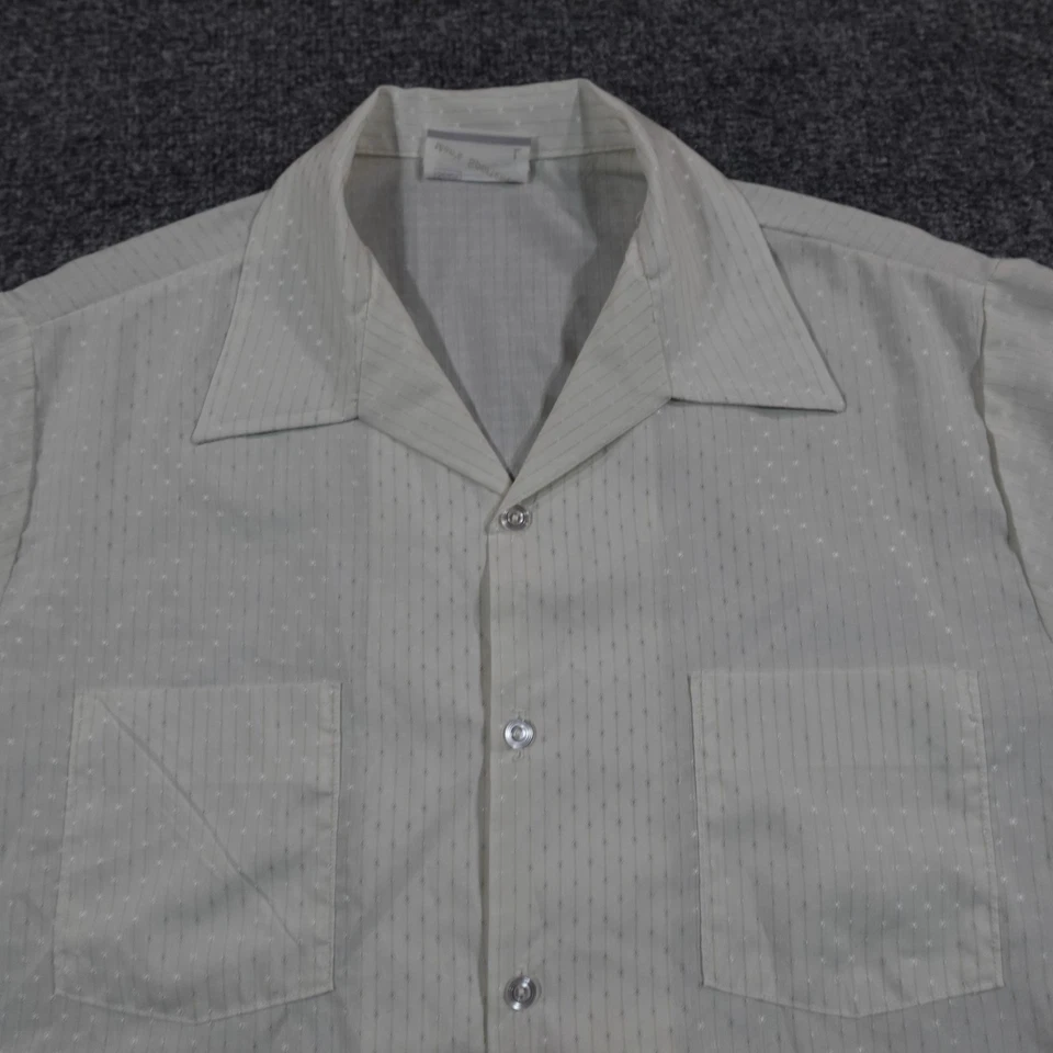 Vintage Sears Shirt Mens L Beige Stripe Camp Button Up Dagger Collar 70s 14069 - Image 3 of 4