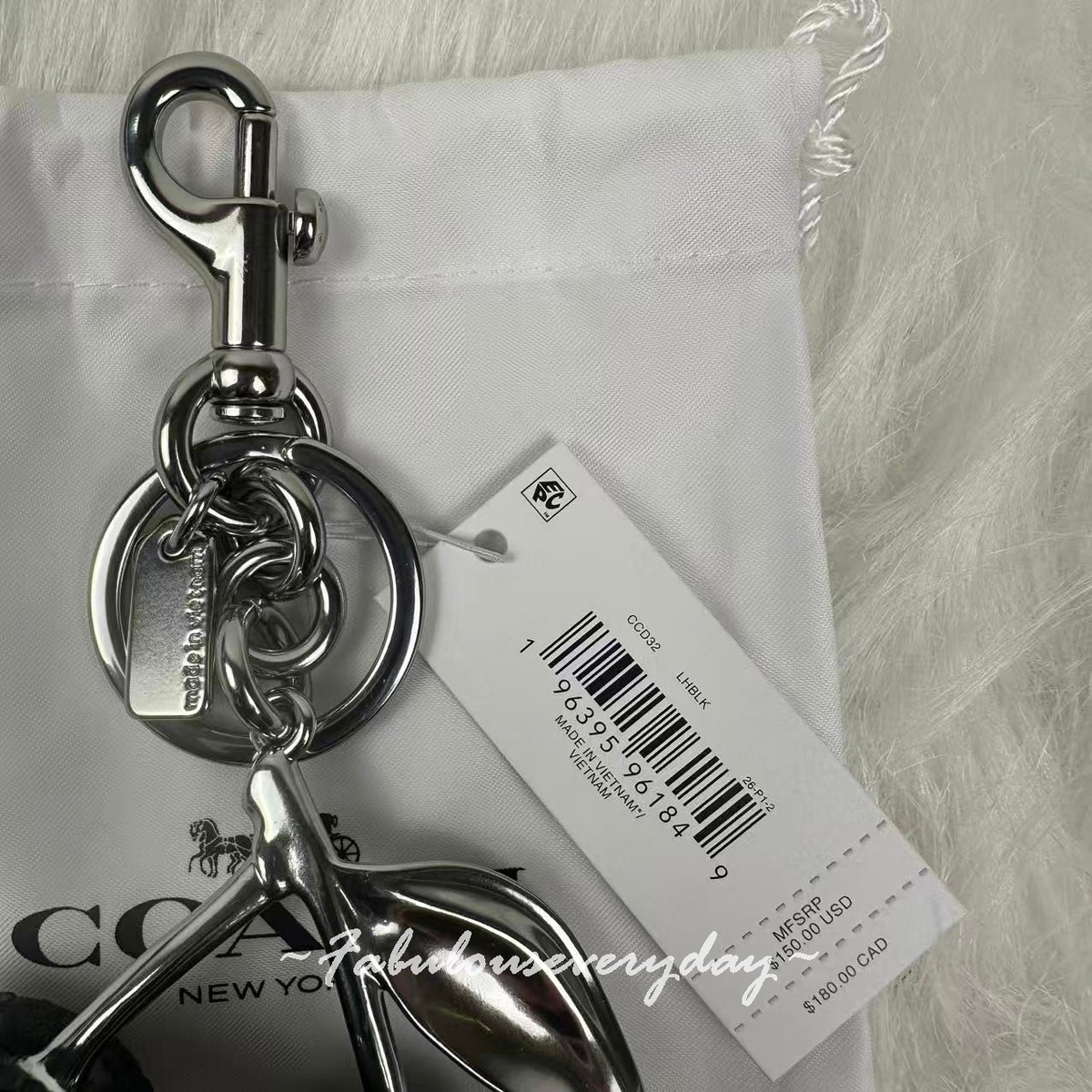 Coach Crystal Cherry Bag Charm Keychain Fob Silver / Black CCD32