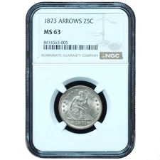 1873 Seated Liberty Quarter Arrows MS63 NGC - Bright White Beauty!