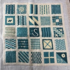 Vintage '75 Handmade Needlepoint Completed Square Sampler Tapestry Home Decor
