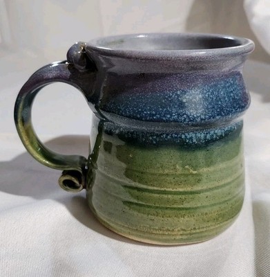 Blue & Green Handmade Studio Art Pottery Coffee Mug Tea Cup Signed Schlyer '16