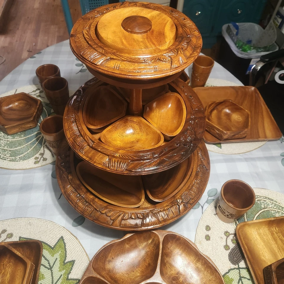 Vintage Hand-Carved Philippine Acacia Wood Dinnerware Set - Image 4 of 4