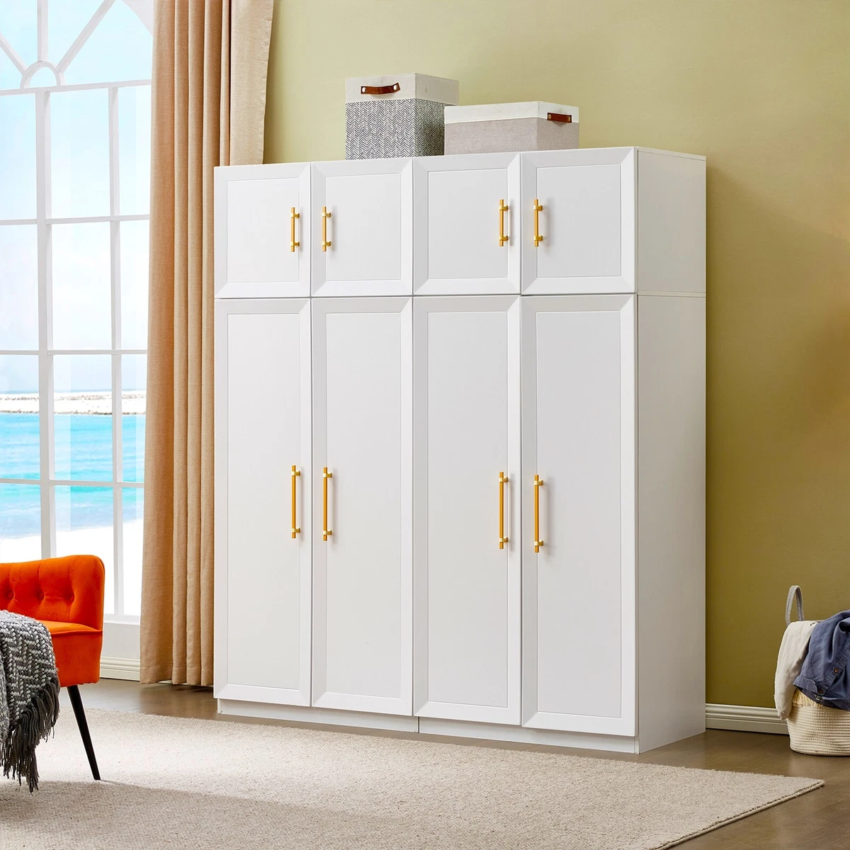 Wood Wardrobe Armoire Closet 4 Door White Modern Freestanding