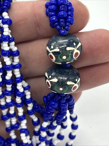 Vintage Glass Bead Necklace Cobalt Blue White Multistrand Boho Style Folk - Picture 21 of 21