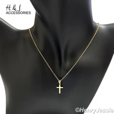 16"+2"WOMEN 925 STERLING SILVER SMALL GOLD PLATED CROSS PENDANT NECKLACE*WGN15