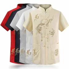 Mens Traditional Chinese Tang Suit Coat T-shirt Martial Arts Uniform Dragon Tops