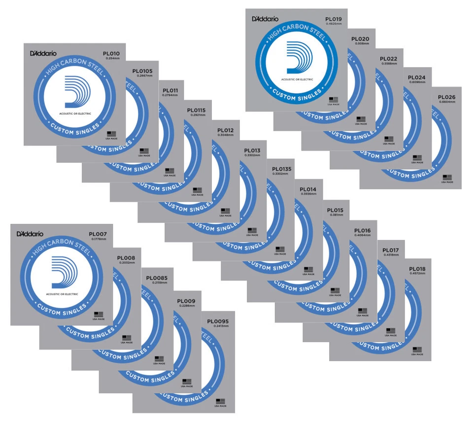 D'Addario plain steel Einzelsaiten für E-Gitarre oder Westerngitarre .007 - .026