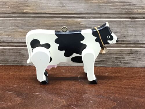 Vintage Wooden Christmas Ornament Black/White Cow Dimensional Movable Legs 2.5" - Picture 1 of 10
