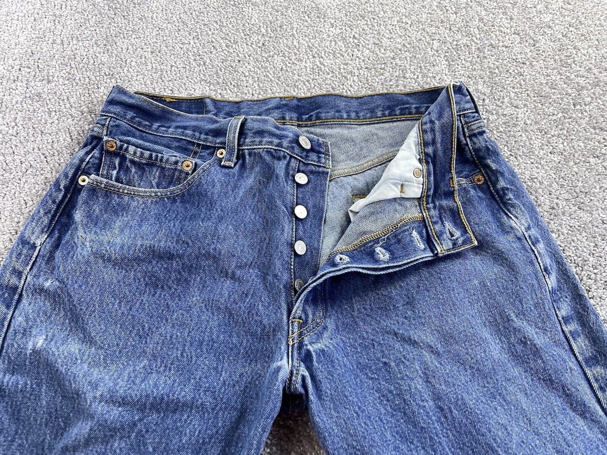 Levis 501 Jeans Mens 35x36 Blue Denim Button Fly Distressed