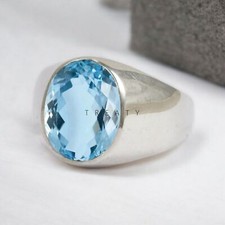 Aquamarine Oval Cut Gemstone With 14K Solid White Gold Ring For Men's 690