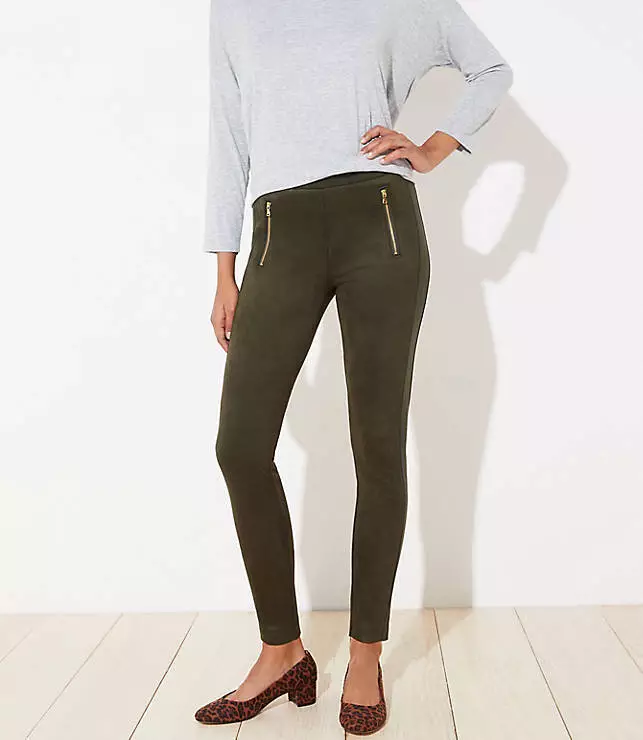 NWT LOFT Women's Petite Zip Trim Faux Suede Leggings -Dark Caper