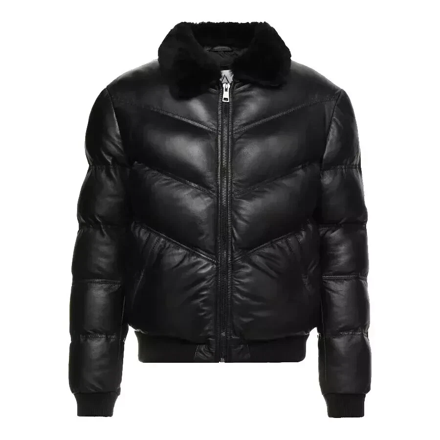 NEW Men's Bomber Fully Quilted Genuine Lambskin Black Leather Puffer Jacket