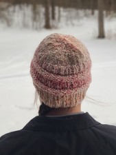 New Hand Knit Acrylic Chunky Women's Winter Hat Variegated Pink And White