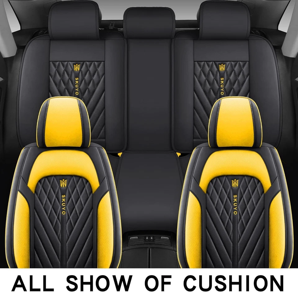 Cómodas fundas de cuero para asientos de auto delanteras y traseras negras & amarillas Foto 2 de 4