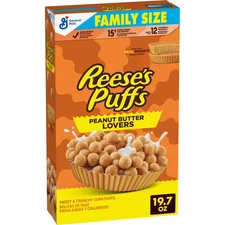 NEW REESE'S PUFFS PEANUT BUTTER LOVERS CEREAL FAMILY SIZE 19.7 OZ BOX