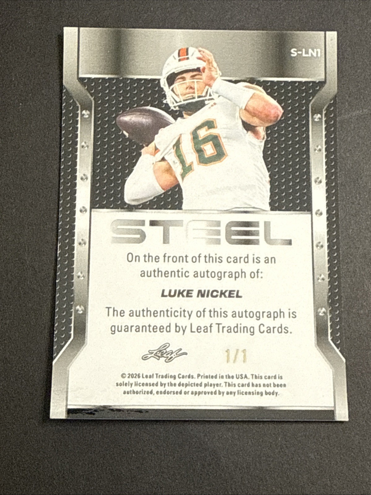 2026 Leaf Trinity Football Steel Luke Nickel Auto 1/1 GOLD view 4
