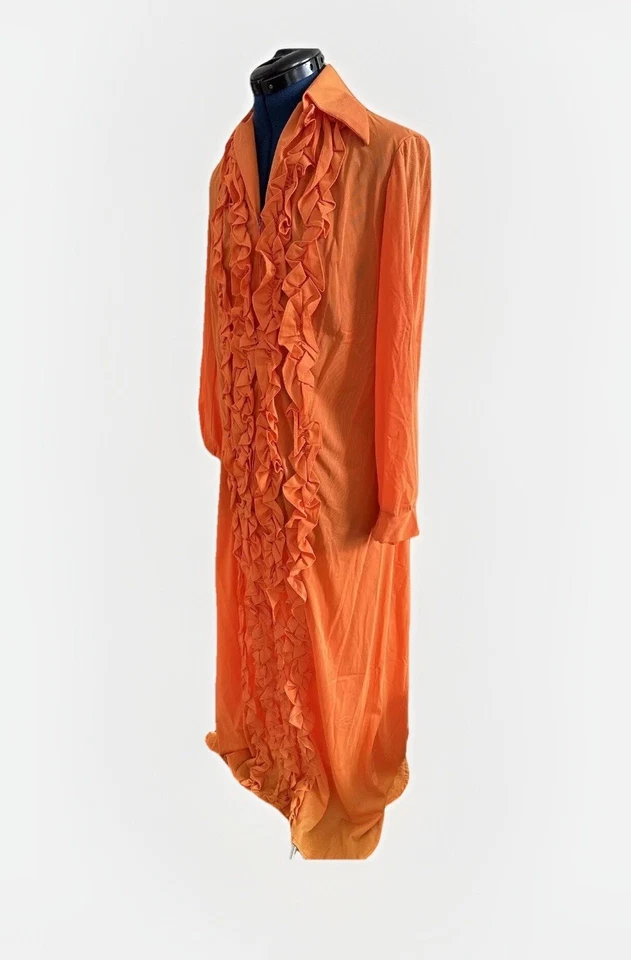 Maxi Vestido Para Mujer Vintage Años 70 80 Naranja Cremallera Gasa Volantes Plisado’s Foto 2 de 4
