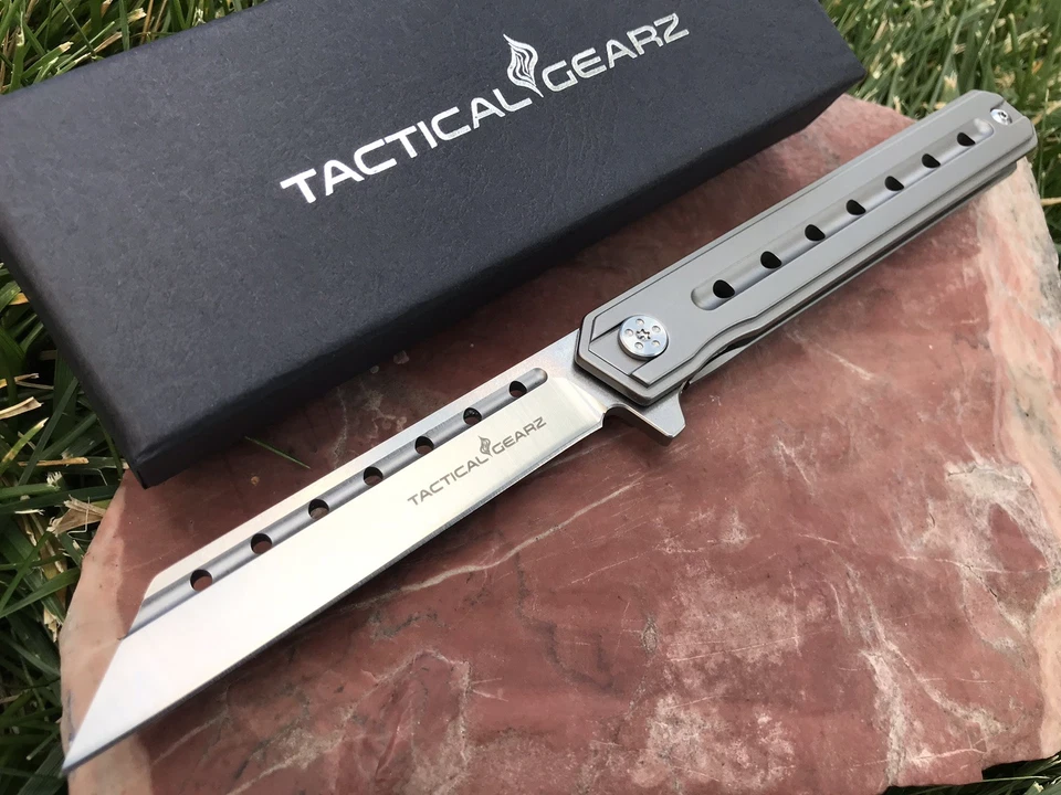 TACTICAL Full Tc4 Titanium EDC Folding Knife! Polished D2 Steel Tanto Blade! Ball Bearing