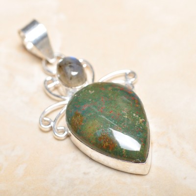Pendentif Bloodstone Jaspe En Argent 925 Sterling - Fait Main Unique - 2.25"