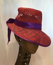 Vintage Straw Hat Sunhat Red Purple Ribbon Adjustable Visor Beach