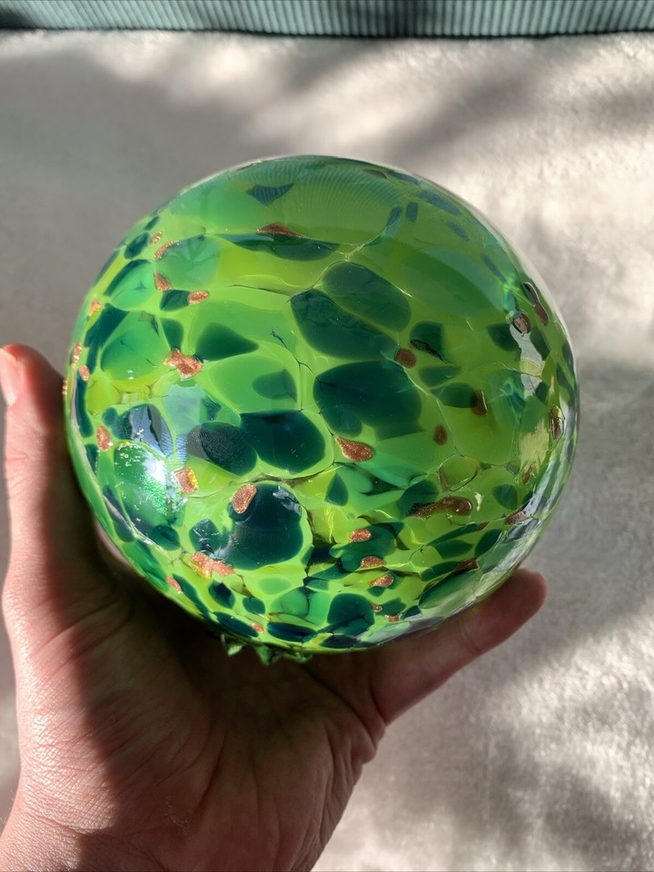 Art Glass Handblown Iridescent Green Gold Orb Decorative Ball Hollow