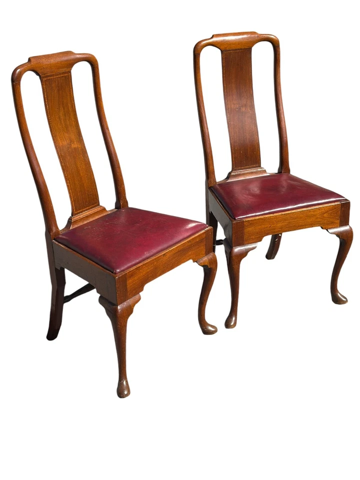 Sillas de época antiguas de la reina Ana georgiana nogal 18 cuero nogal 1700s Foto 2 de 4