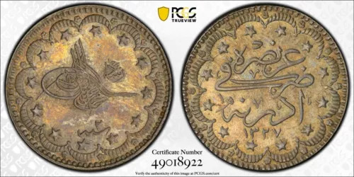 TURKEY - OTTOMAN , 5 KURUSH MOHAMED V 1327/2 AH EDIRNE UNC - PCGS MS 63 , RAREX