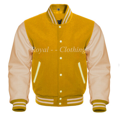Baseball Varsity Letterman Bomber Yellow Wool & Genuine Cream Leather Sleeve