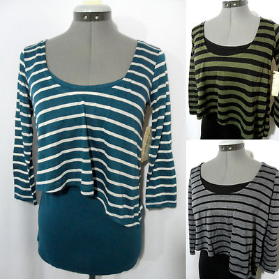 Nwt DEREK 2-fer Tee shirt & cami TwinSet women SM Olive Gray Black stripe scoop 