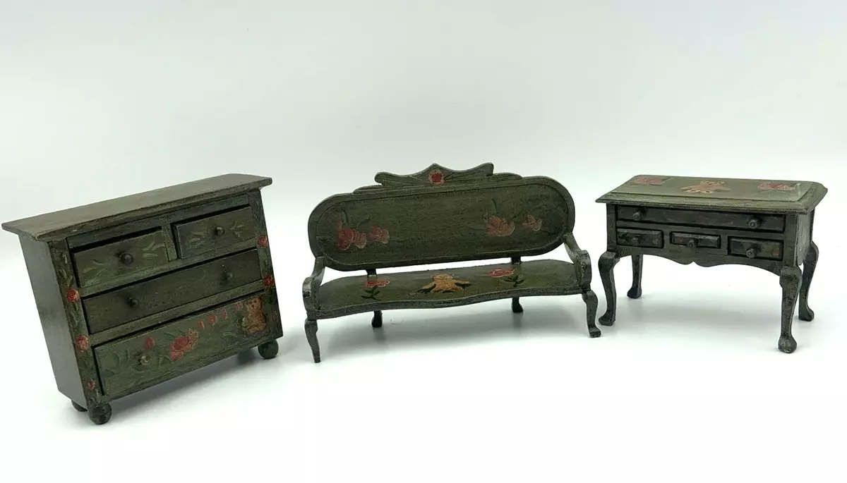 Vintage Hand Painted Miniature DOLLHOUSE Wood Furniture 3 Pc Bench