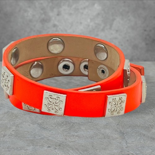 Rustic Cuff Meagan Orange Patent Leather Silver Tone Peg Double Wrap Bracelet - Picture 4 of 10