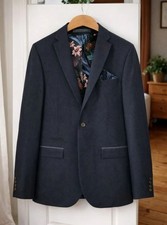 Next Men Navy Blue Puppytooth Slim Fit 3 Piece Suit Jacket Trousers Waistcoat