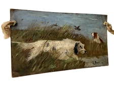 19th CENTURY - SPANIEL DOG HUNTING DUCKS  RARE IMPRESSIONIST OIL PAINTING SIGNED