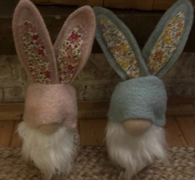 Bunny Ear Gnome Figurines, Pink Blue, Easter Decor, Fabric