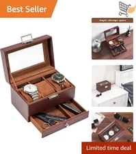 Men's Faux Leather Watch Box 3 Slots Drawer Glass Lid Jewelry Storage