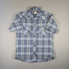 Vintage Wrangler Shirt Mens Large Blue Plaid Western Pearl Snap Short Sleeve 80s