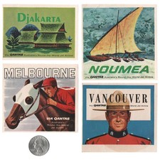 Original Vintage 60s QANTAS AIRLINE LUGGAGE LABEL LOT Suitcase Decal Travel Art