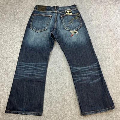 ED Hardy Herren Jeans Baggy Relaxed Bootcut 34 30 Dark Wash Blau Whisker Fades Y2K
