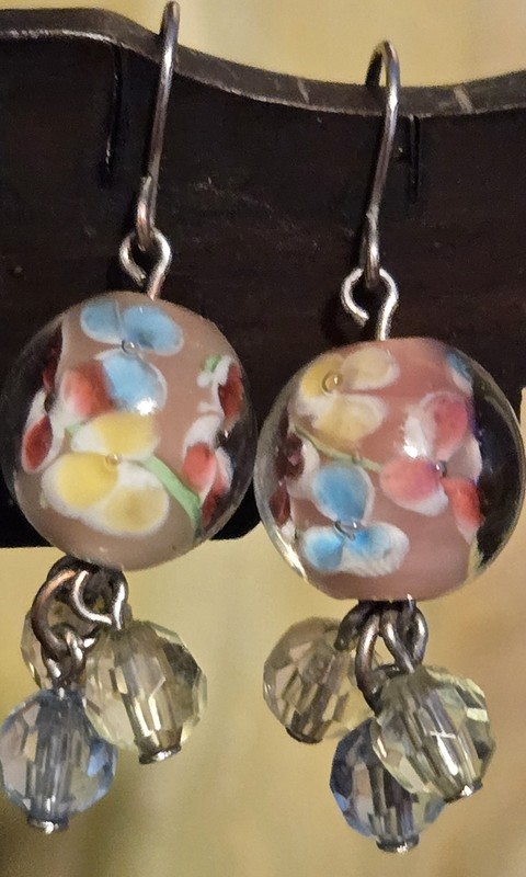 Artisan Lampwork Glass Pansies Floral Dangle Crystal Accents Earrings Vintage 