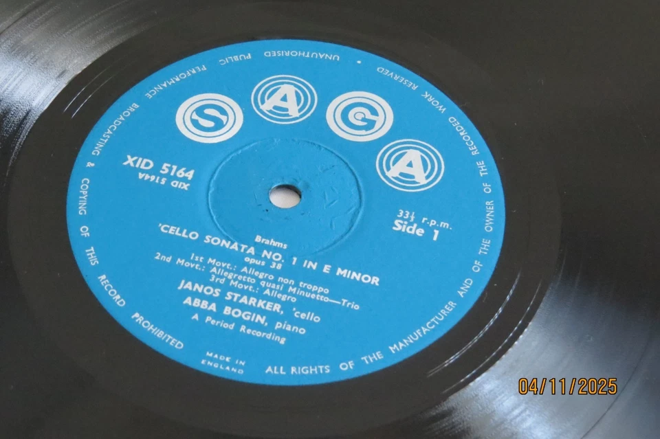 XID 5164 JANOS STARKER Brahms Cello Sonata No.1 & 2 Abba Bogin LP MINT VINYL - Image 4 of 4